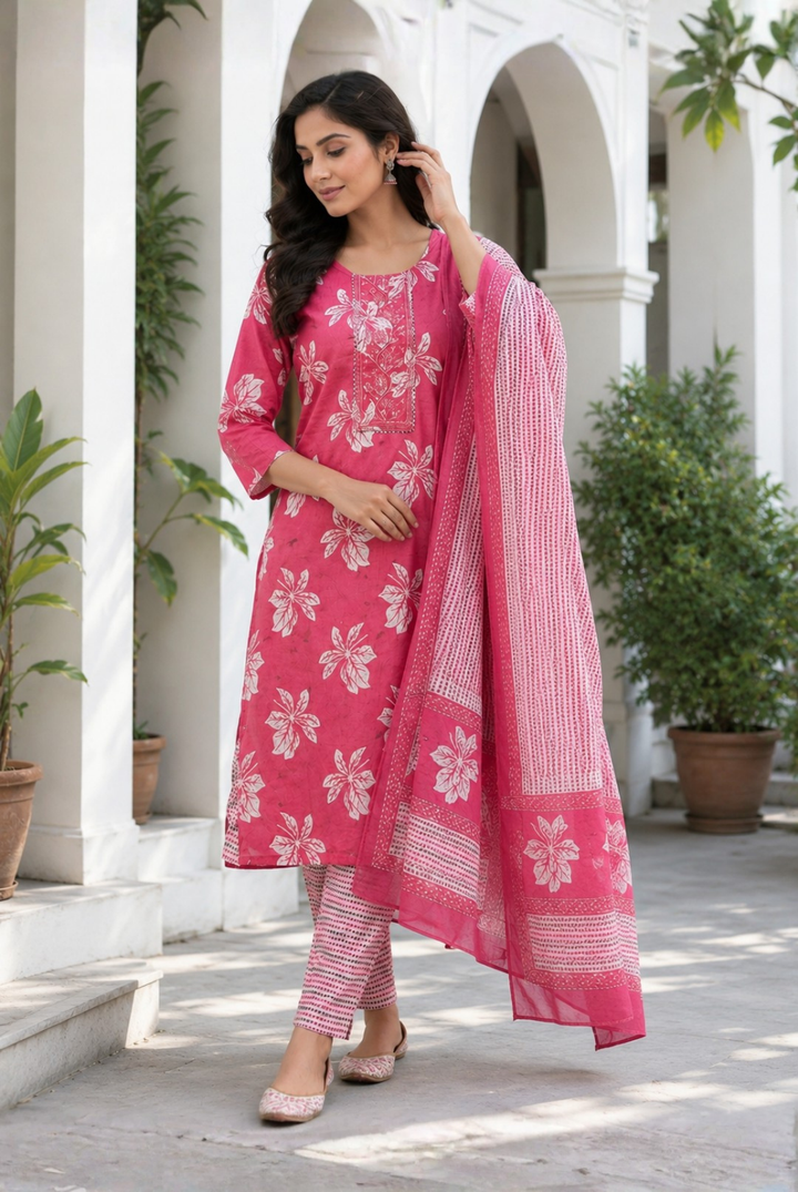 Pink Floral Printed Cotton Suit Set with Dupatta