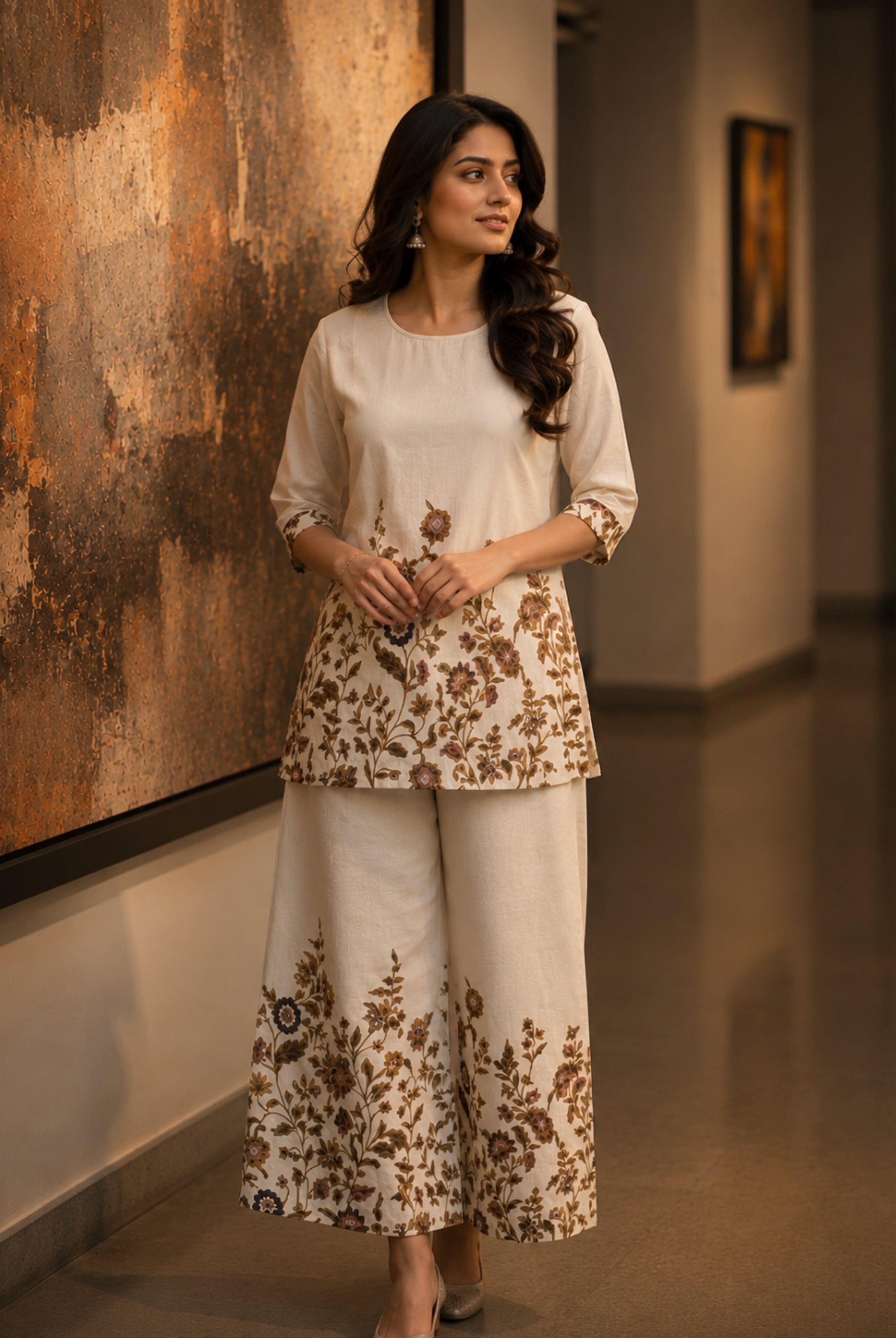 Ivory Floral Khadi Cotton Co-Ord Set