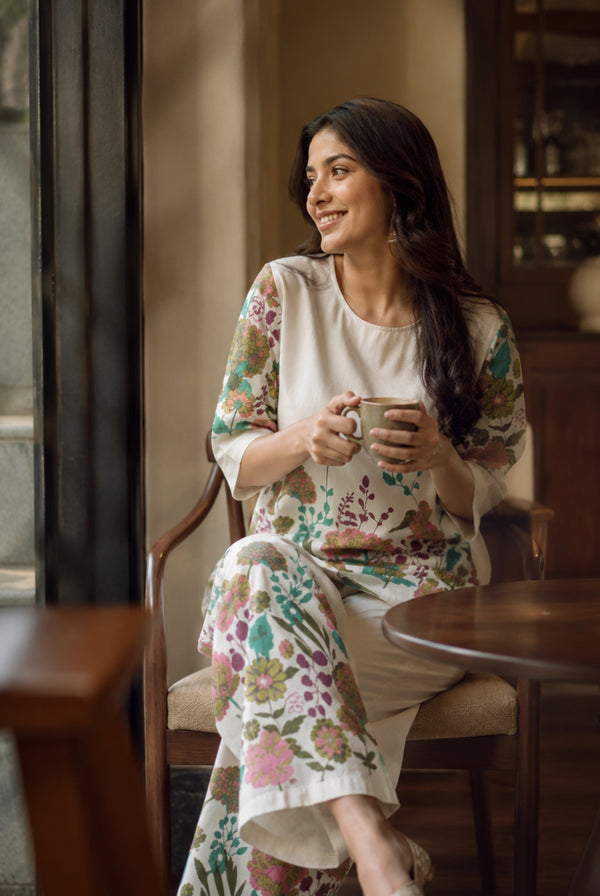 Ivory Botanical Floral Khadi Cotton Co-Ord Set