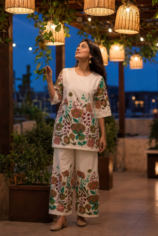 Ivory Botanical Floral Khadi Cotton Co-Ord Set