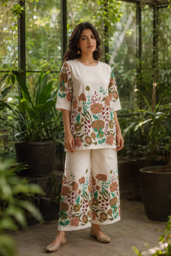 Ivory Botanical Floral Khadi Cotton Co-Ord Set