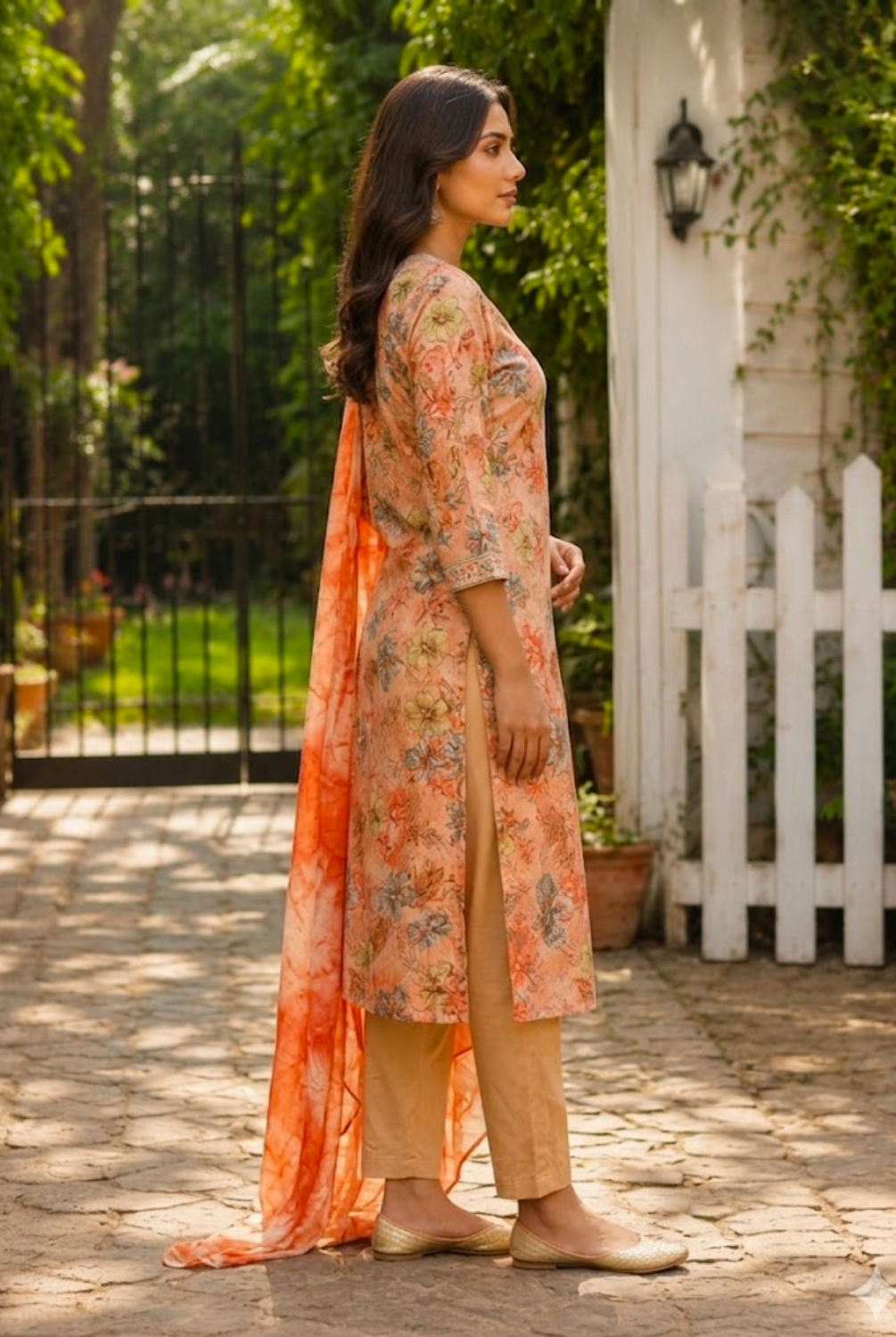 Peach Floral Printed Suit Set with Tie-Dye Dupatta