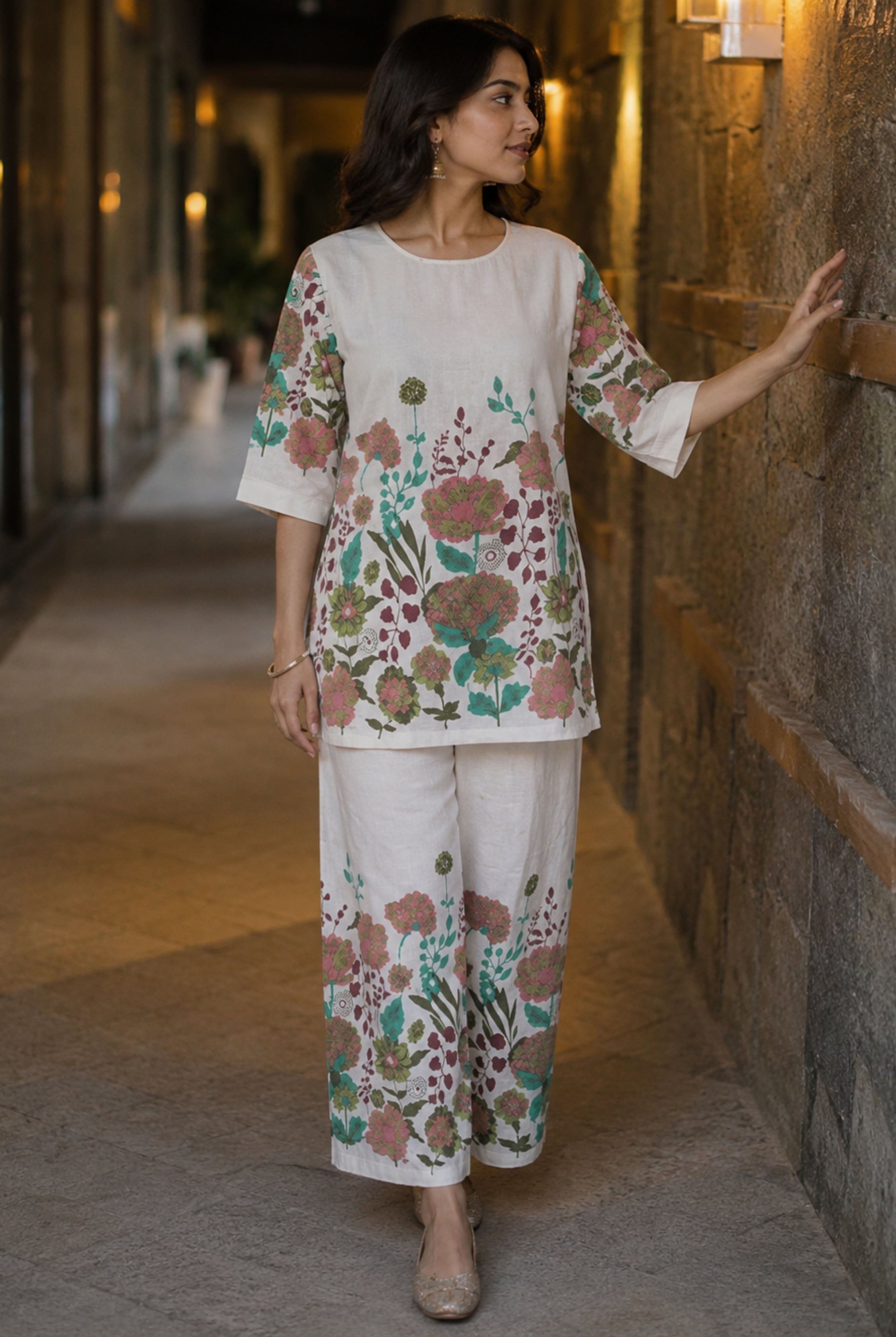 Ivory Botanical Floral Khadi Cotton Co-Ord Set