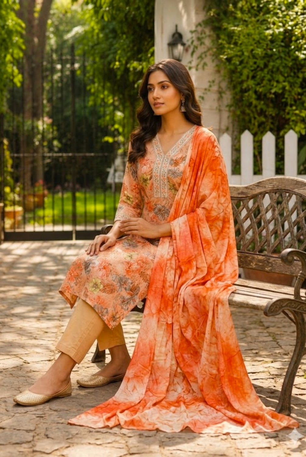 Peach Floral Printed Suit Set with Tie-Dye Dupatta