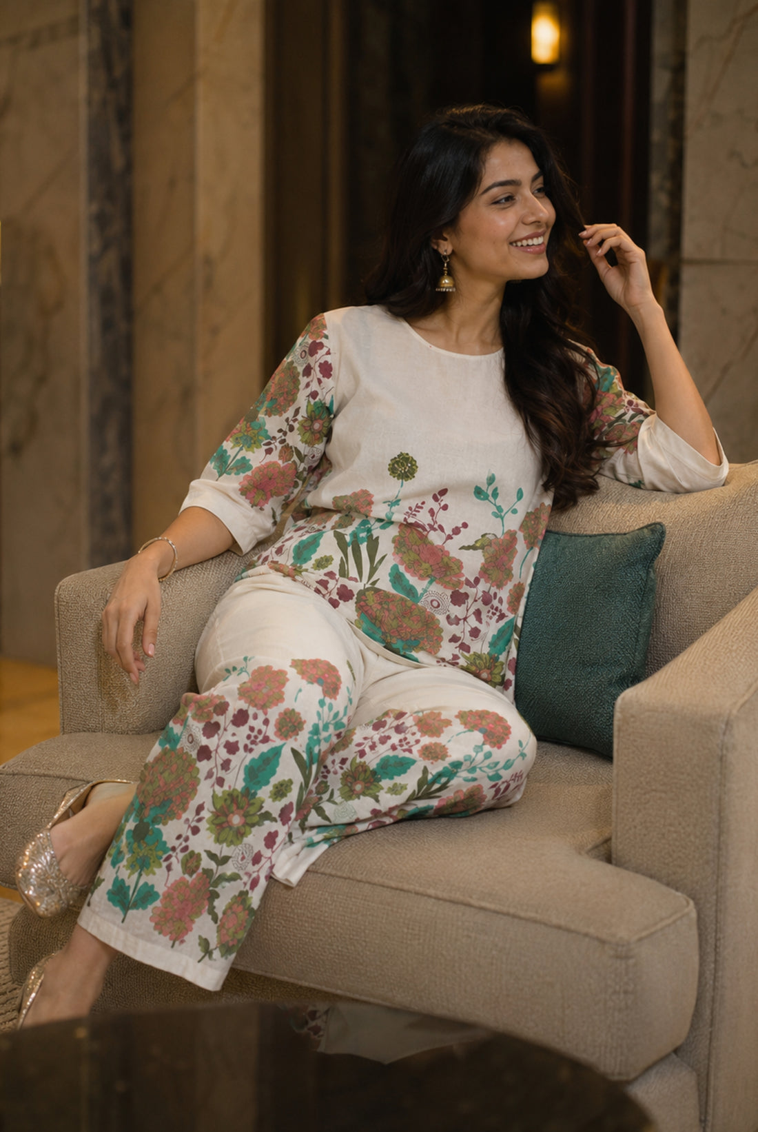 Ivory Botanical Floral Khadi Cotton Co-Ord Set