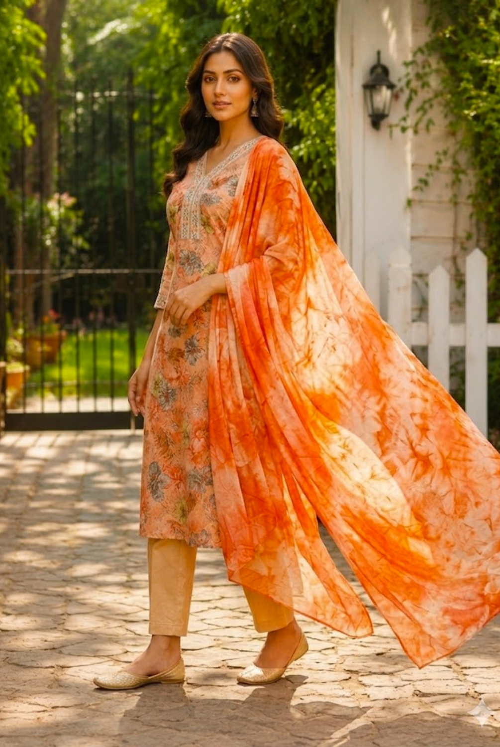 Peach Floral Printed Suit Set with Tie-Dye Dupatta