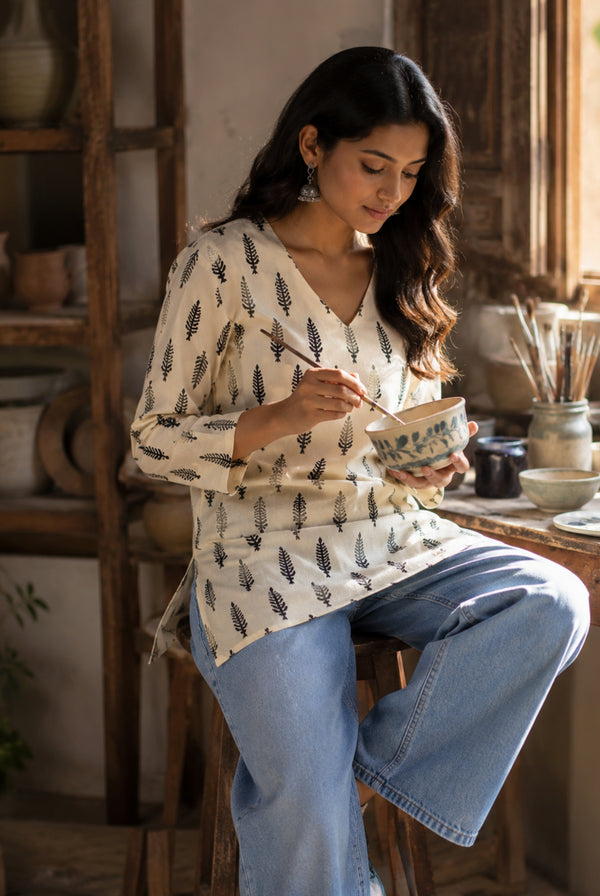 Ivory Leaf Printed Cotton Short Kurti