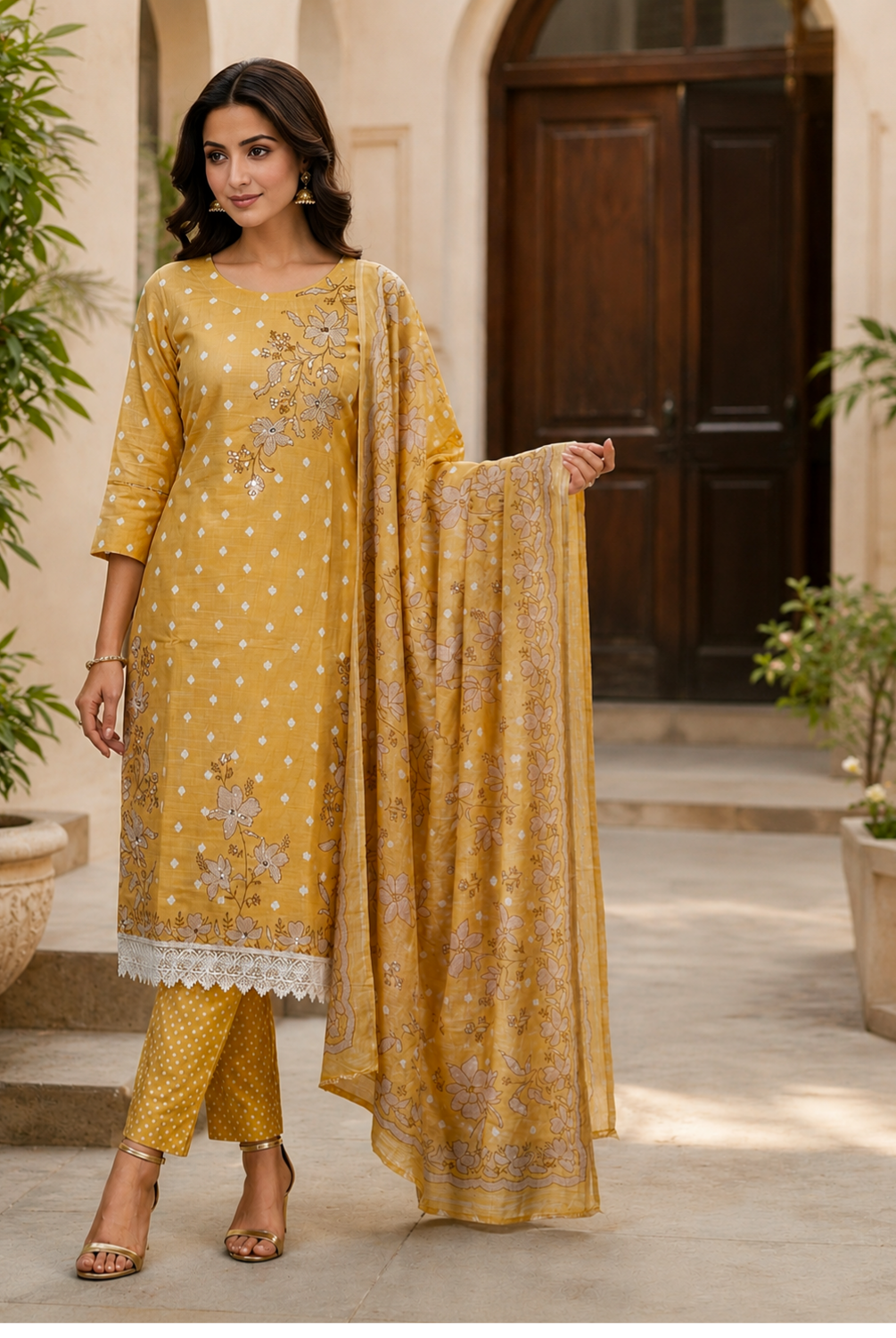 Mustard Floral Printed Suit Set with Dupatta