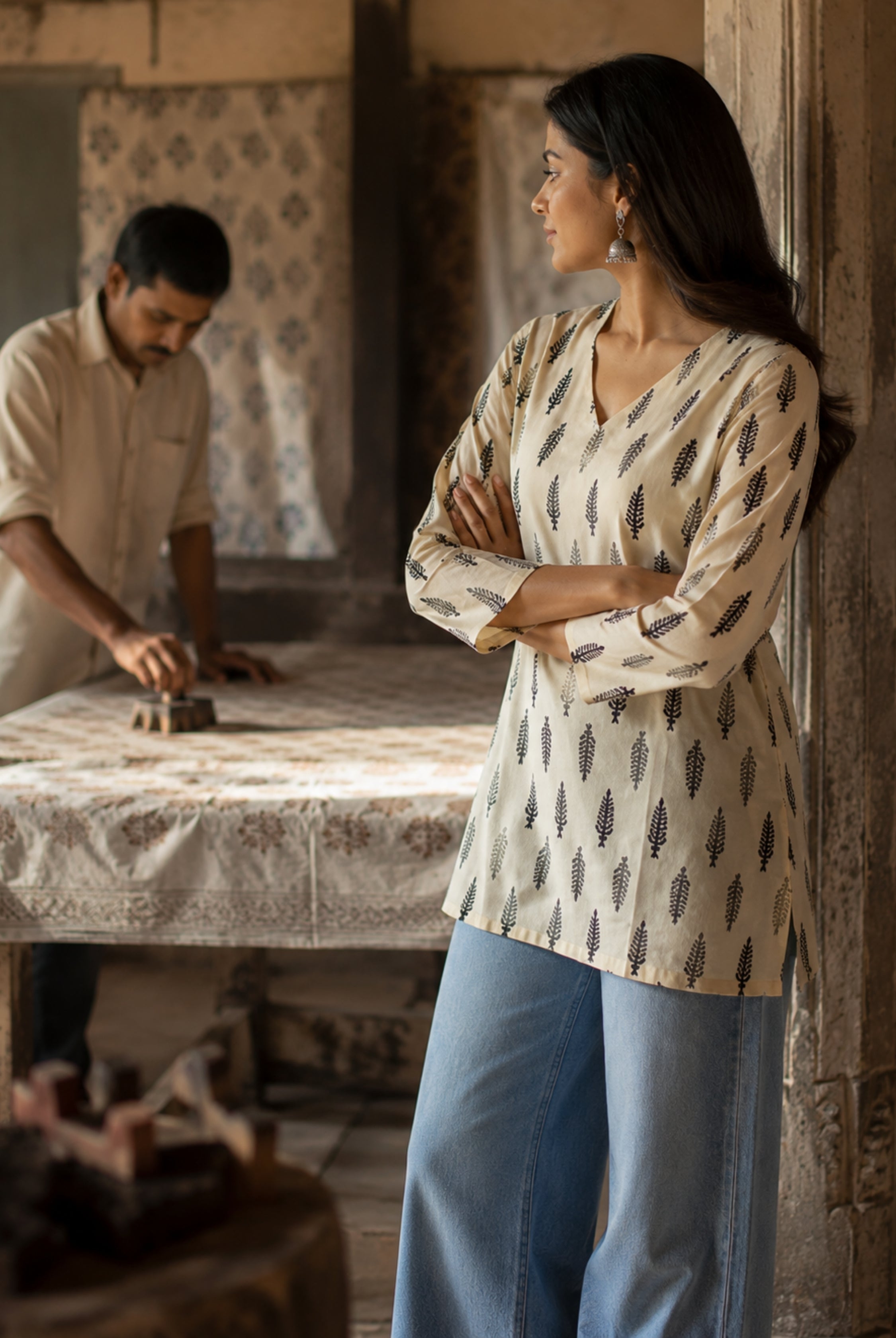 Ivory Leaf Printed Cotton Short Kurti