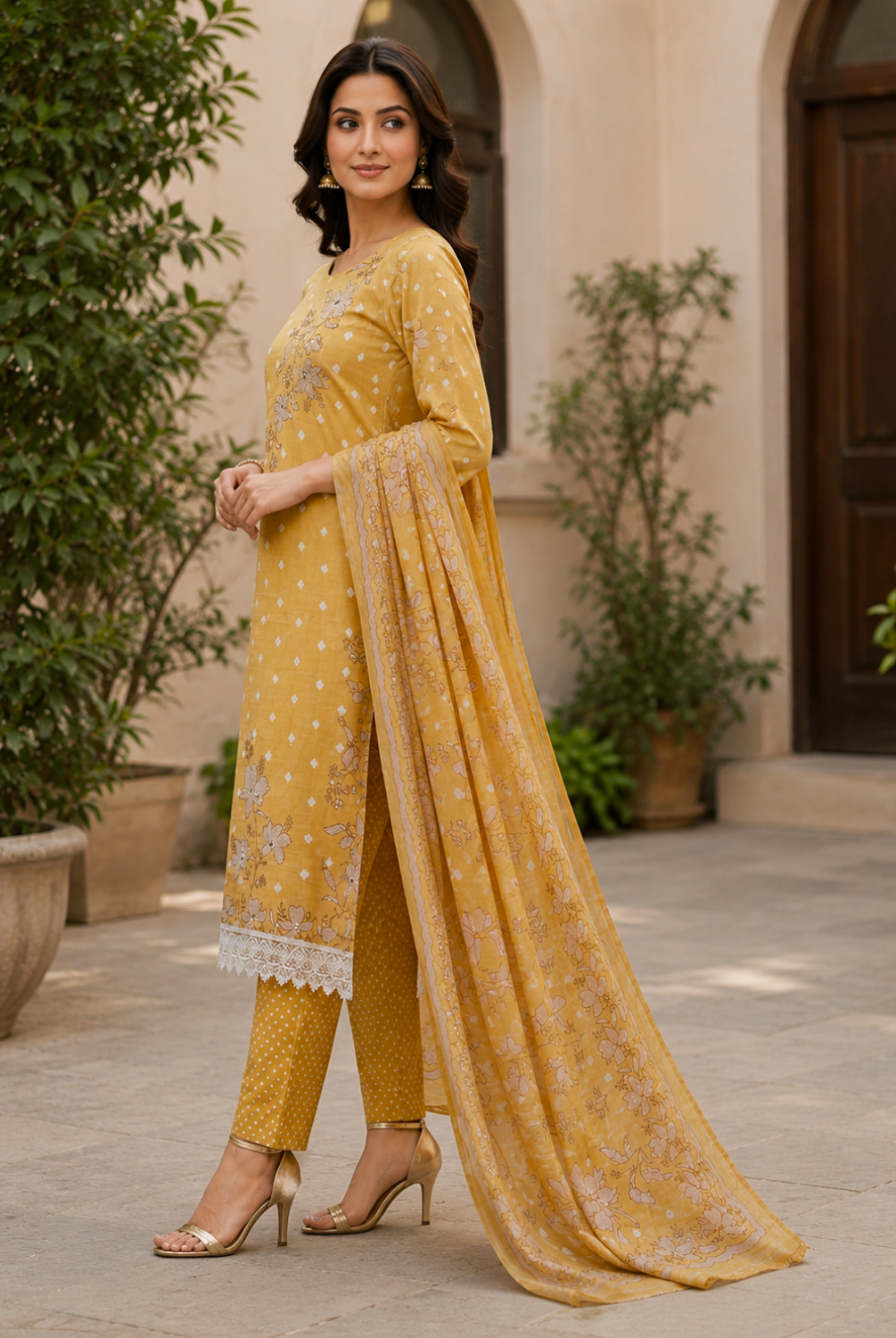 Mustard Floral Printed Suit Set with Dupatta