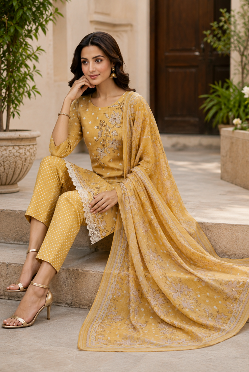 Mustard Floral Printed Suit Set with Dupatta