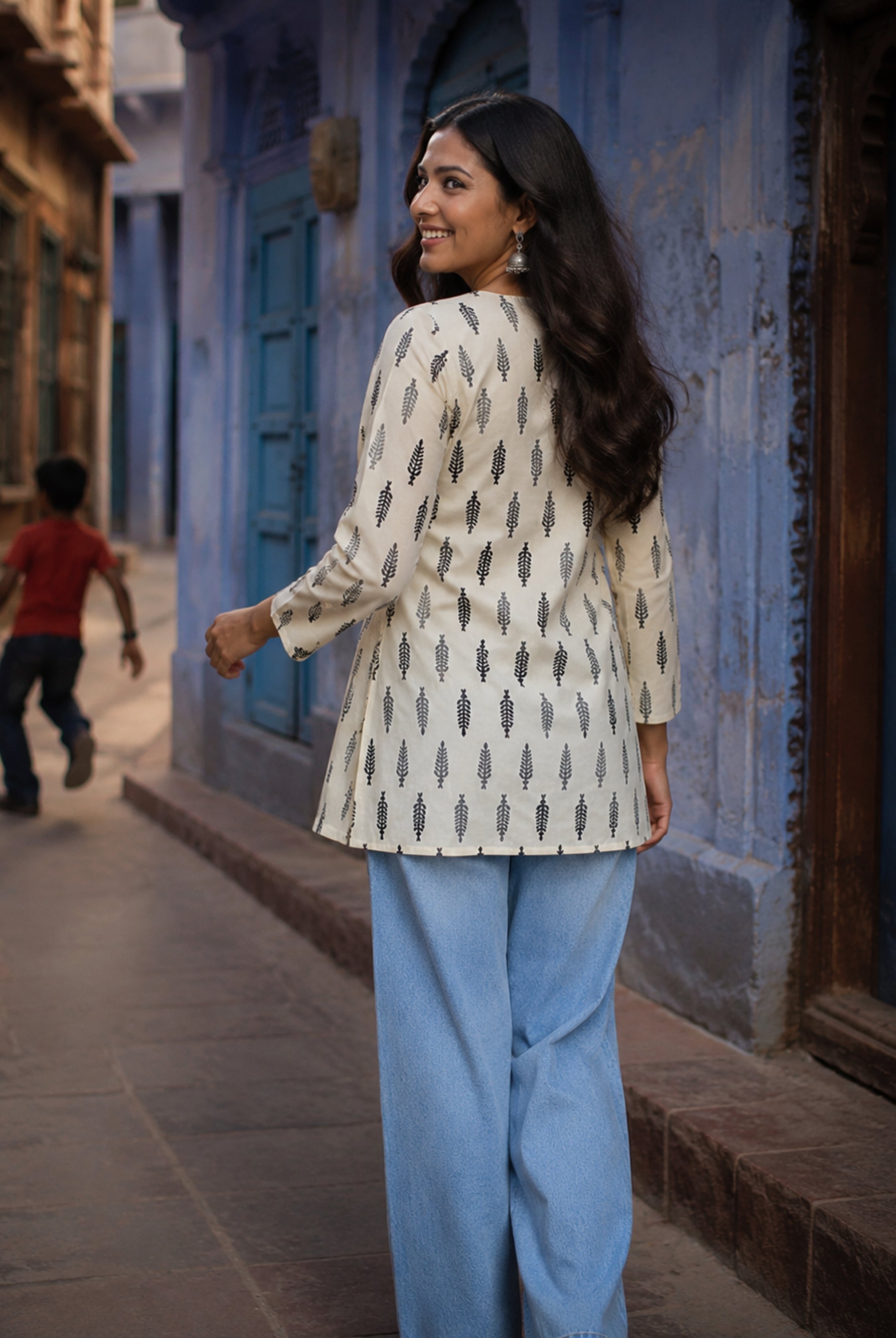 Ivory Leaf Printed Cotton Short Kurti
