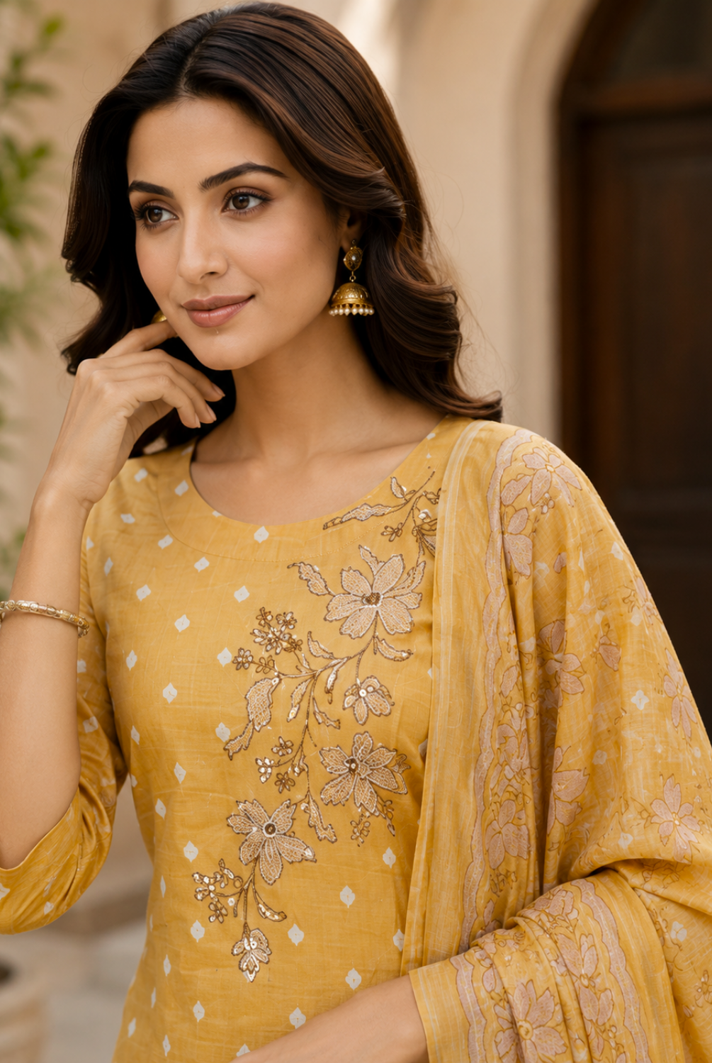 Mustard Floral Printed Suit Set with Dupatta