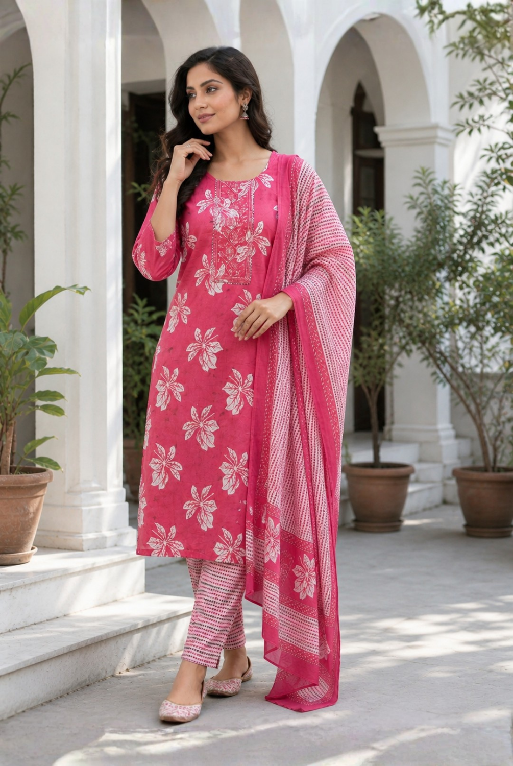 Pink Floral Printed Cotton Suit Set with Dupatta