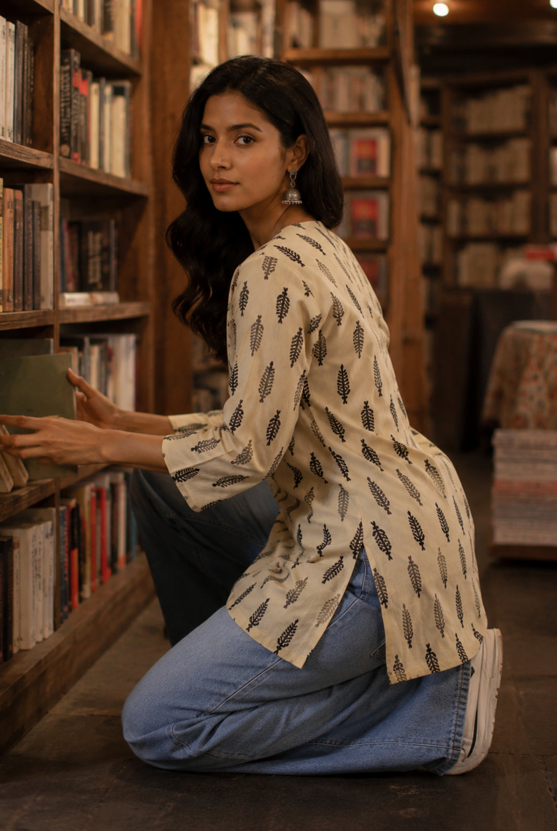Ivory Leaf Printed Cotton Short Kurti
