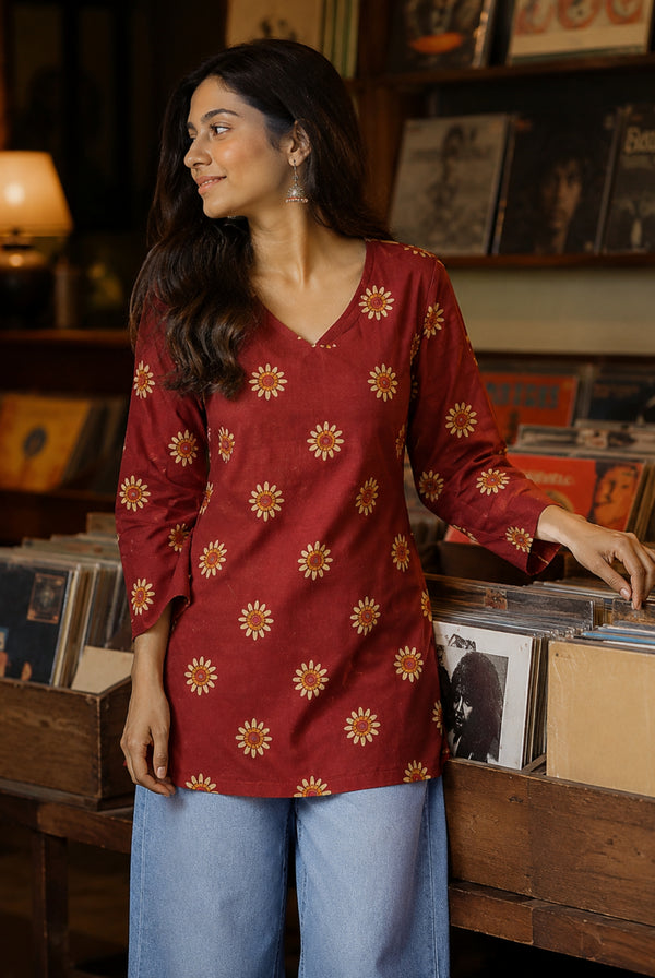Maroon Floral Printed Cotton Short Kurti