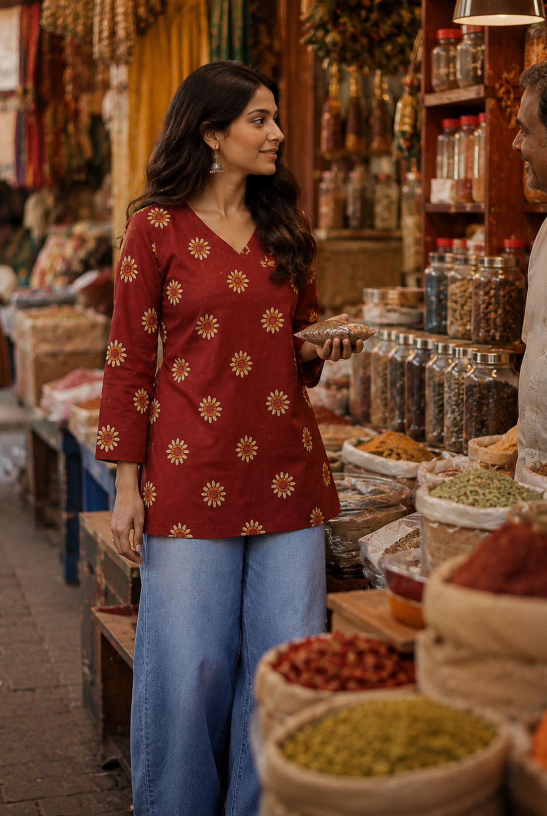 Maroon Floral Printed Cotton Short Kurti