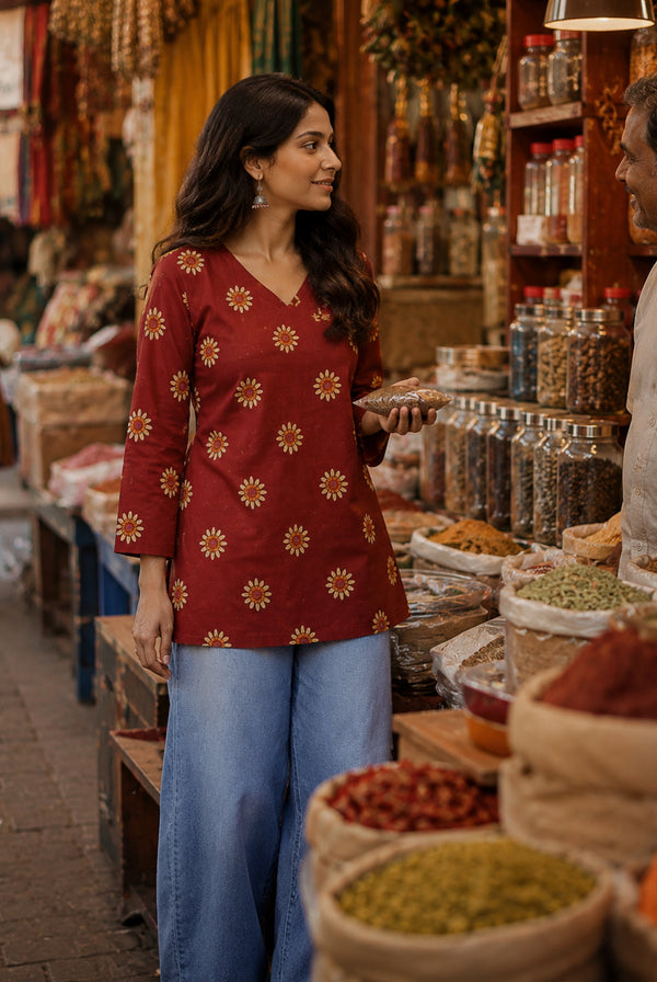 Maroon Floral Printed Cotton Short Kurti