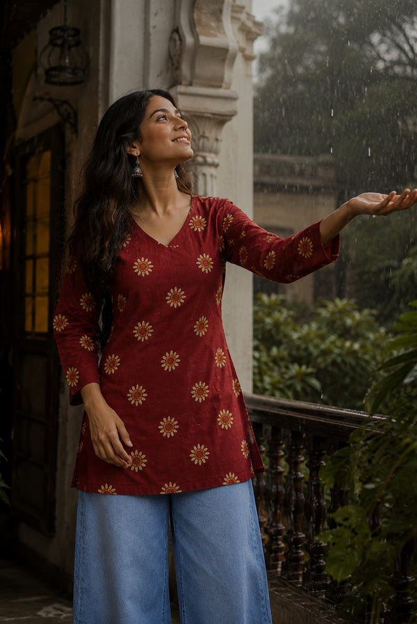 Maroon Floral Printed Cotton Short Kurti