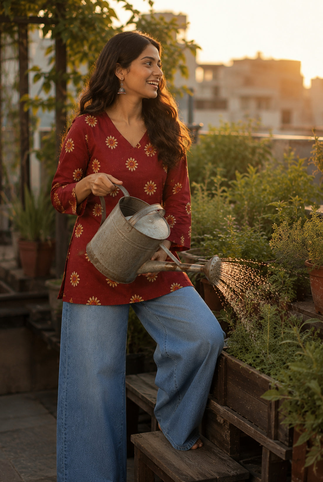 Maroon Floral Printed Cotton Short Kurti