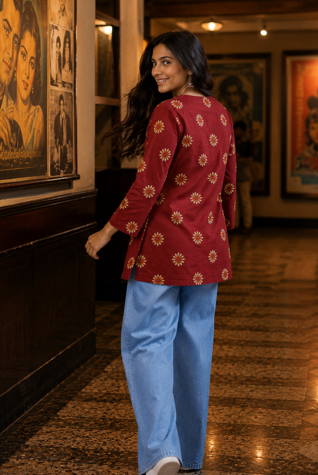 Maroon Floral Printed Cotton Short Kurti