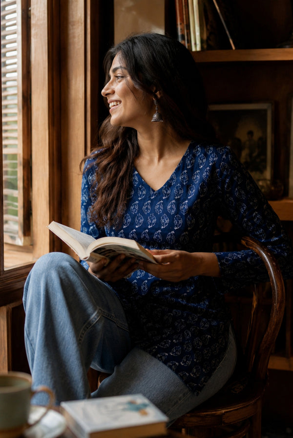 Navy Blue Paisley Printed Cotton Short Kurti