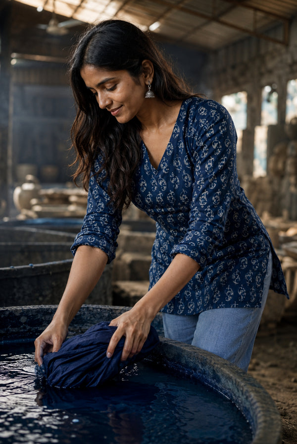 Navy Blue Paisley Printed Cotton Short Kurti