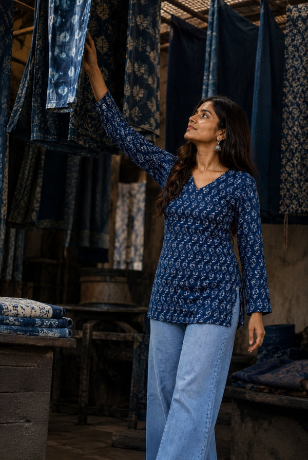 Navy Blue Paisley Printed Cotton Short Kurti