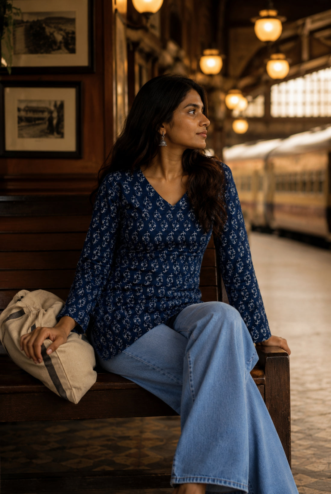 Navy Blue Paisley Printed Cotton Short Kurti