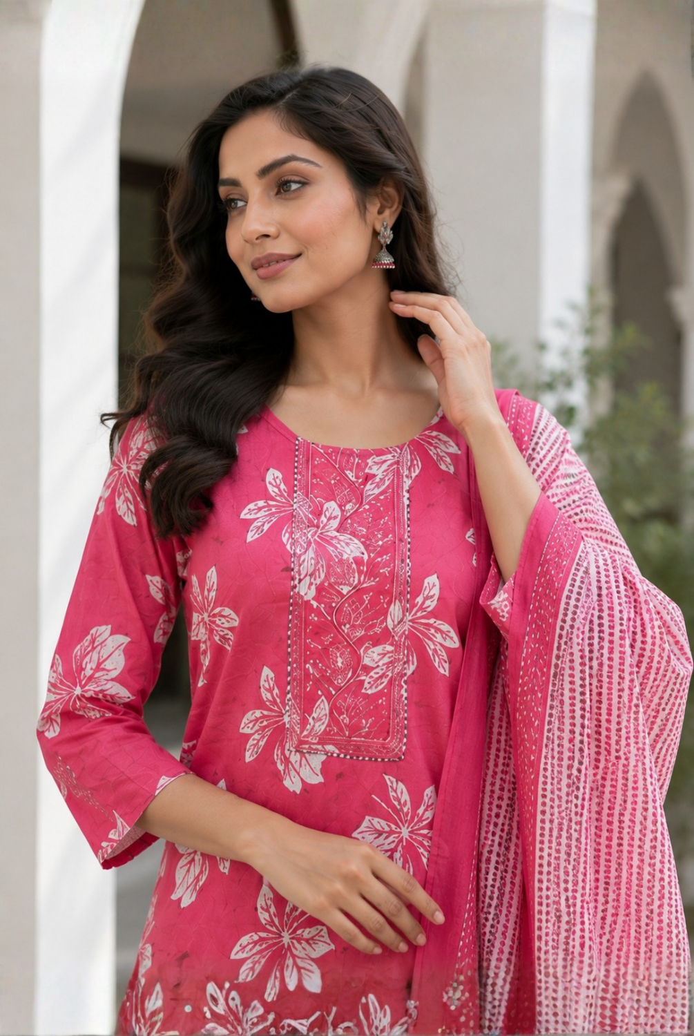 Pink Floral Printed Cotton Suit Set with Dupatta