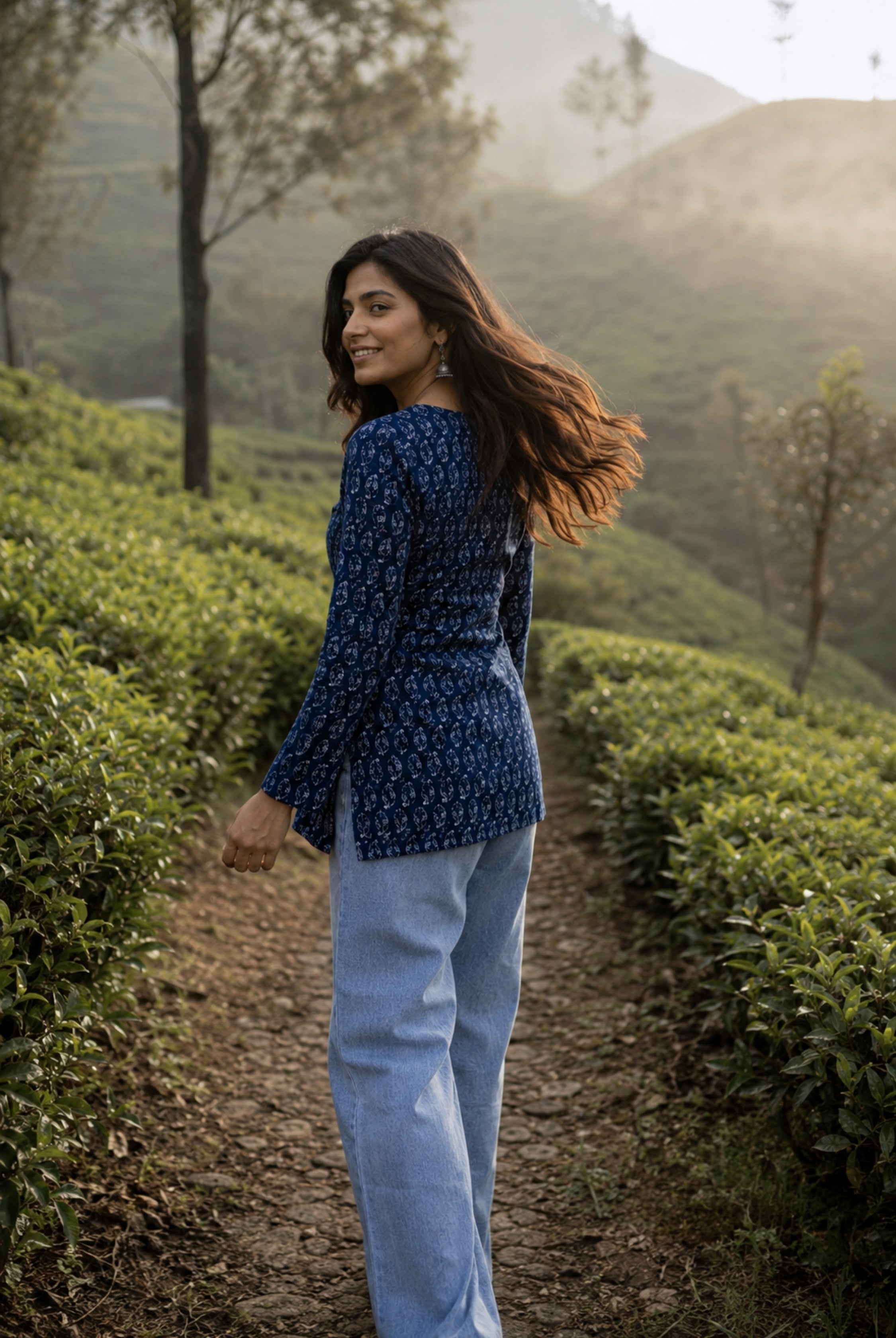Navy Blue Paisley Printed Cotton Short Kurti