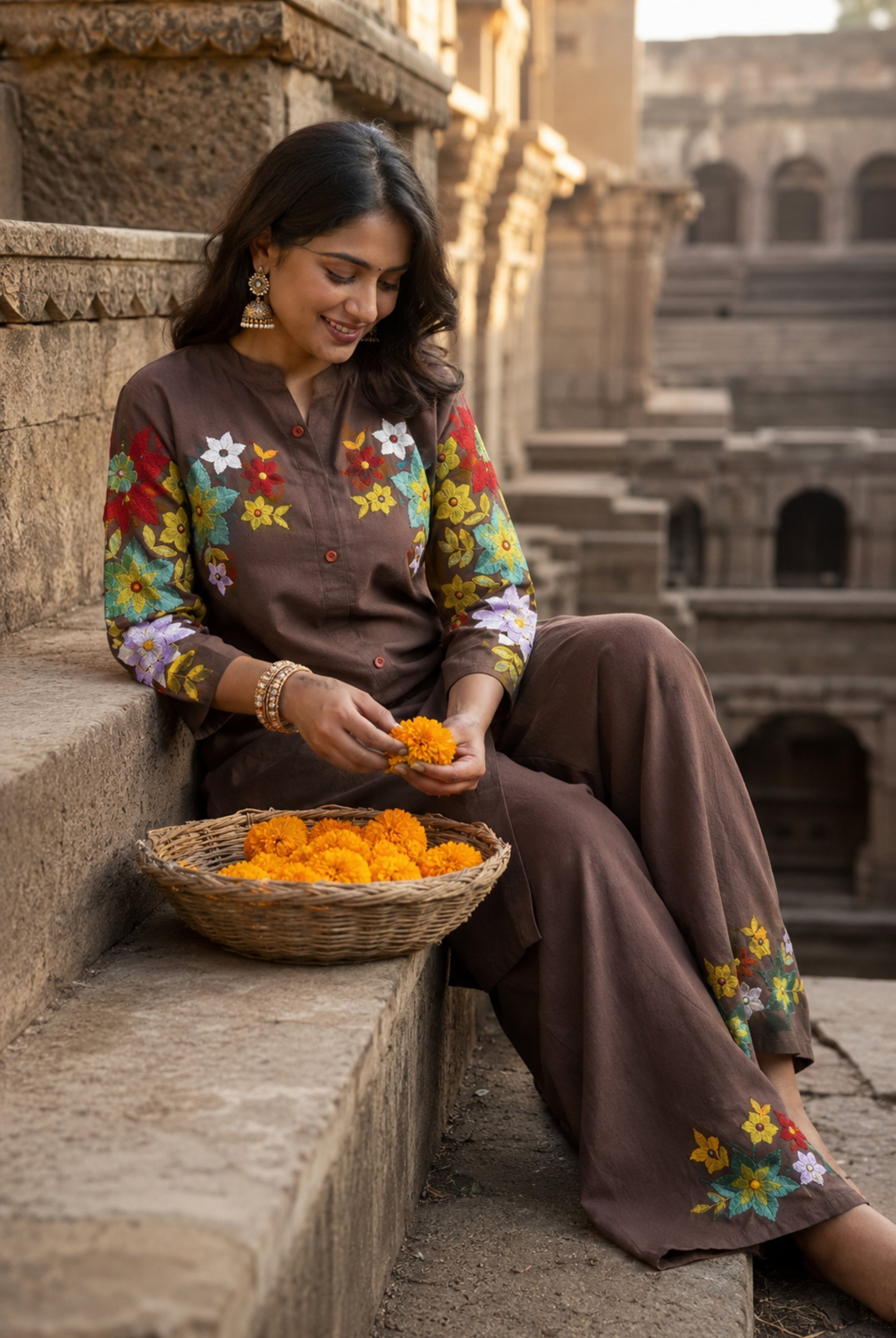 Mocha Brown Floral Embroidered Cotton Co-Ord Set