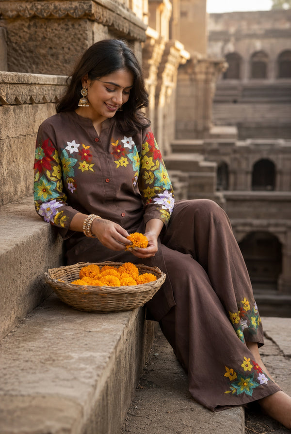 Mocha Brown Floral Embroidered Cotton Co-Ord Set