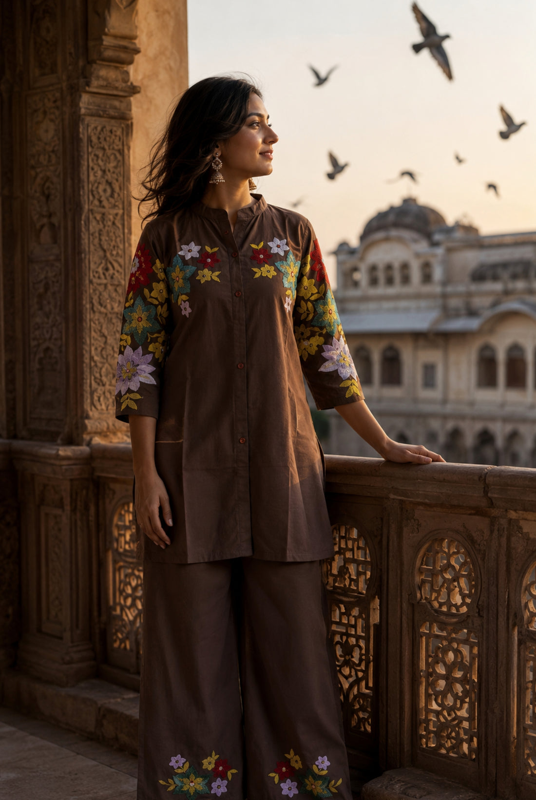 Mocha Brown Floral Embroidered Cotton Co-Ord Set