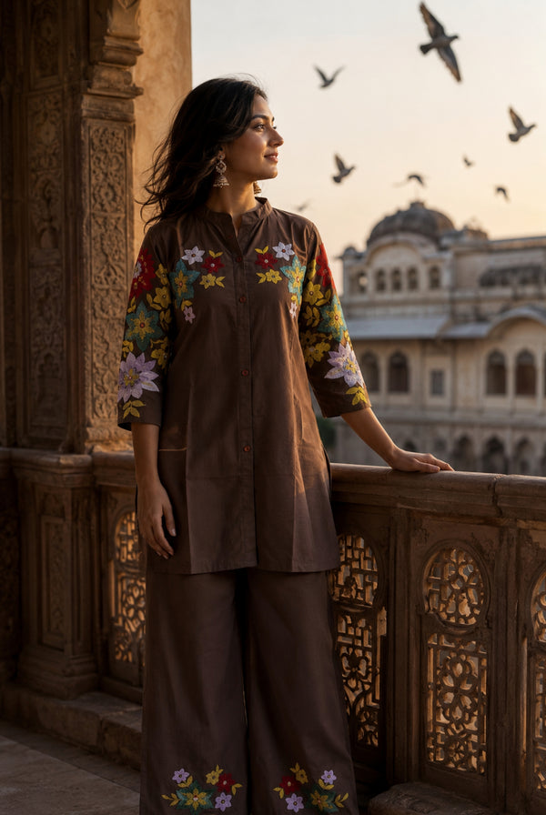 Mocha Brown Floral Embroidered Cotton Co-Ord Set