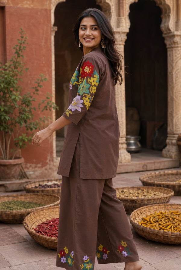 Mocha Brown Floral Embroidered Cotton Co-Ord Set