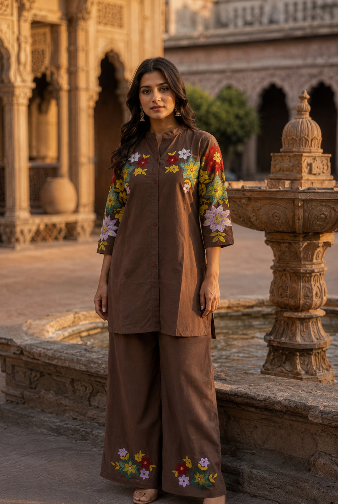 Mocha Brown Floral Embroidered Cotton Co-Ord Set
