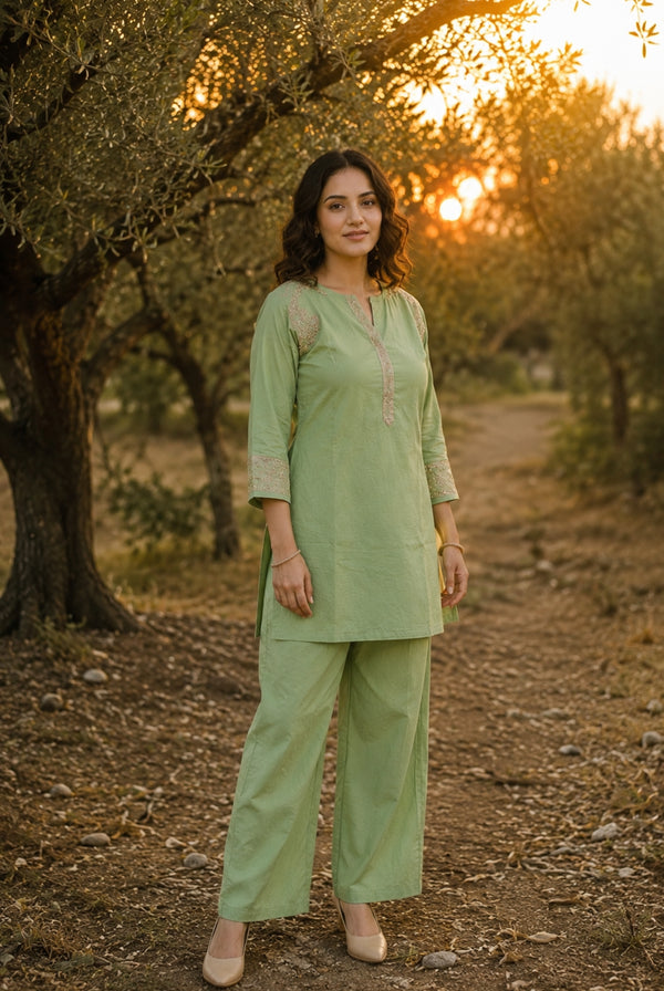 Sage Green Embroidered Straight Kurti
